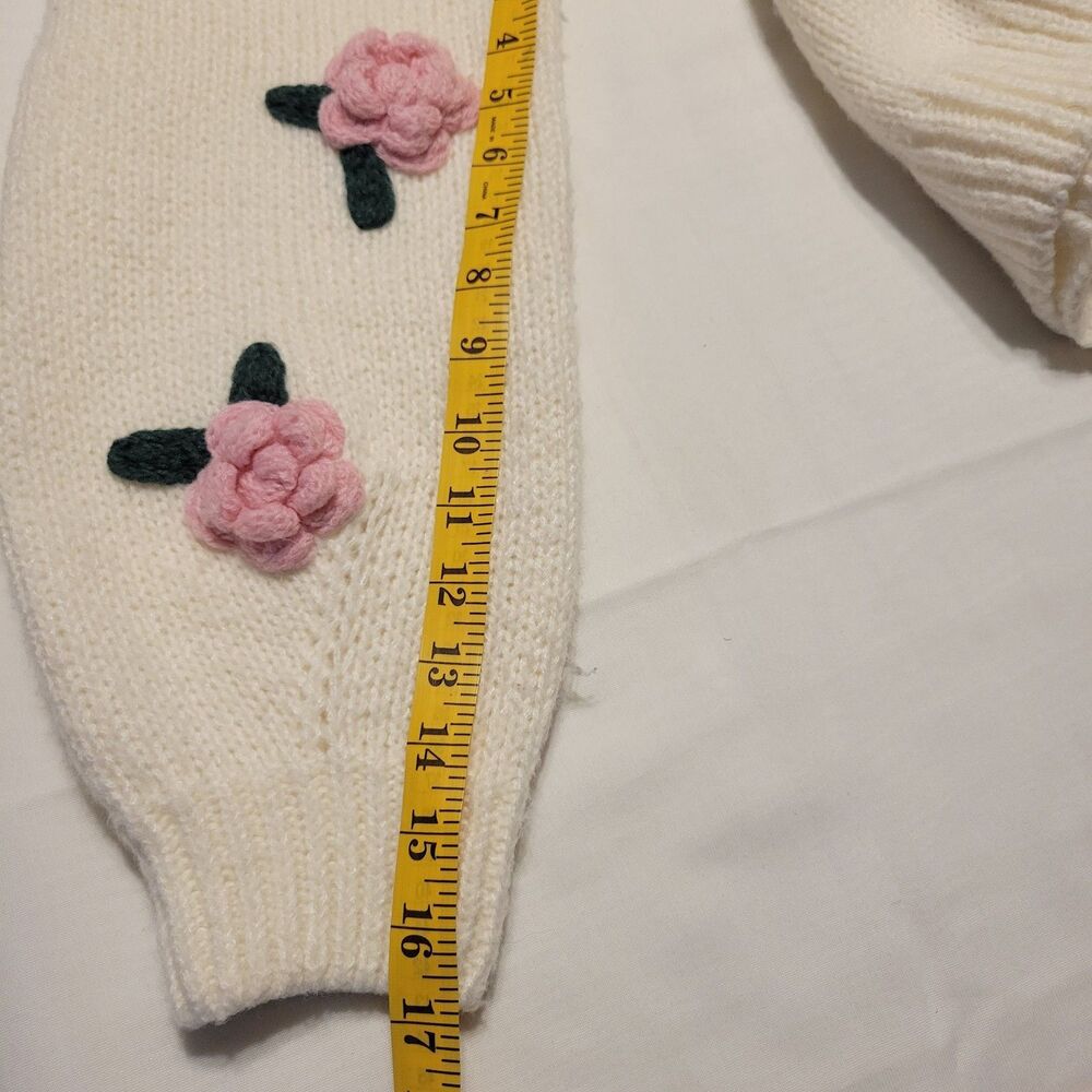 Luna Ivy Ivory Cardigan With Pale Pink 3D Crochet Puff Flowers. Size M. Cozy. - Picture 11 of 12